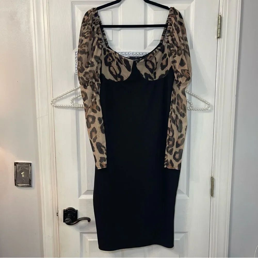 Boohoo Black Dress with Leopard Print Mesh Sleeves